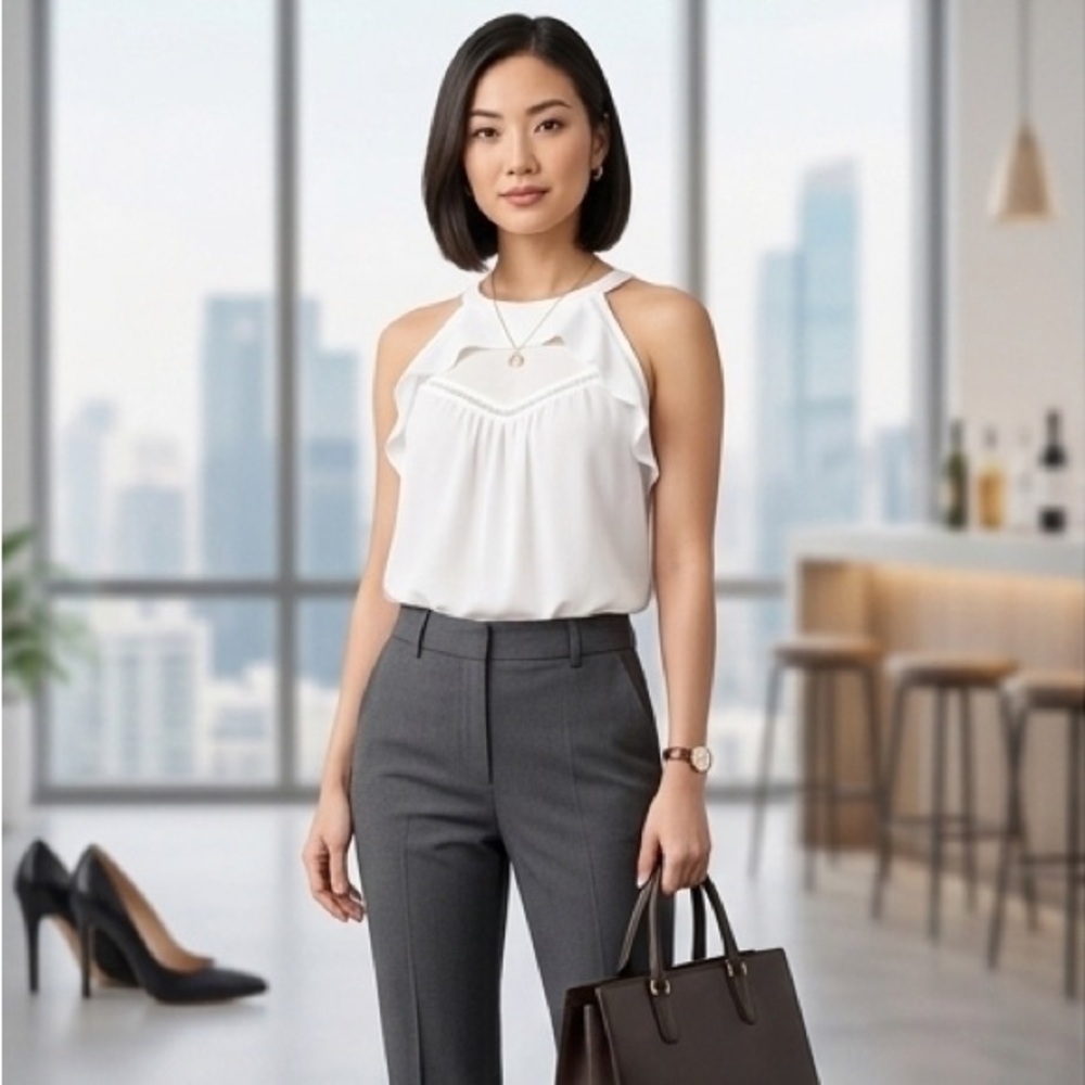 🌬️ New York & Company White Ruffle Halter Tie Back Blouse | Size S